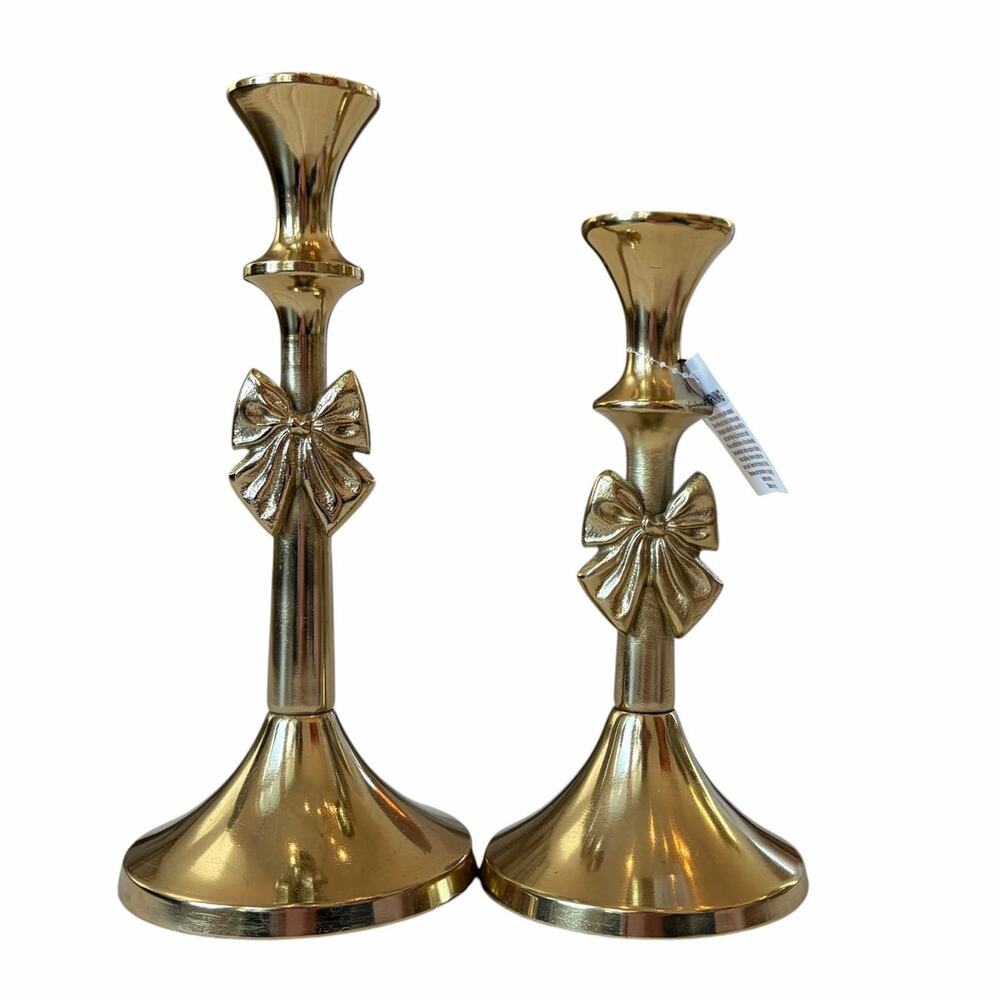 Set of 2 Gold Metal Bow Taper Candle Holders 15in & 12in Made in India NEW